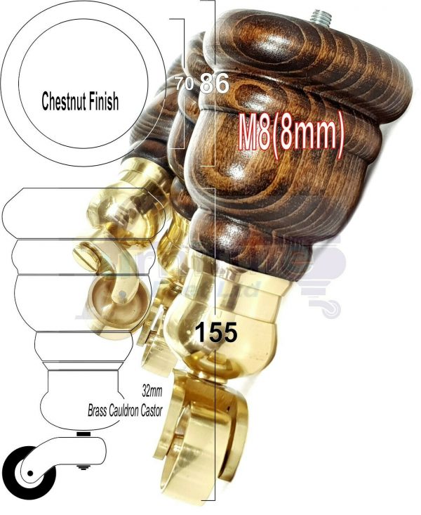 4x WOOD FURNITURE LEGS M8 REPLACEMENT BRASS CAULDRON CASTOR FEET 165mm HIGH - Image 43
