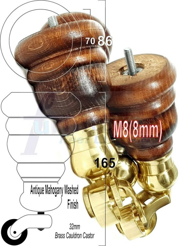 4x WOOD FURNITURE LEGS M8 REPLACEMENT BRASS CAULDRON CASTOR FEET 165mm HIGH - Image 40