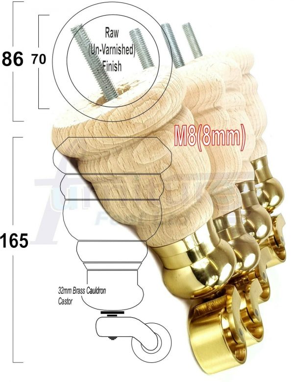 4x WOOD FURNITURE LEGS M8 REPLACEMENT BRASS CAULDRON CASTOR FEET 165mm HIGH - Image 34