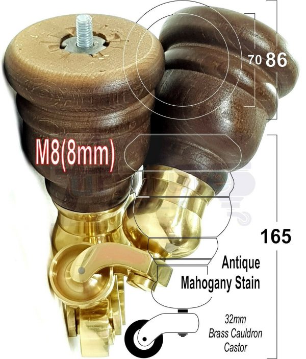4x WOOD FURNITURE LEGS M8 REPLACEMENT BRASS CAULDRON CASTOR FEET 165mm HIGH - Image 39