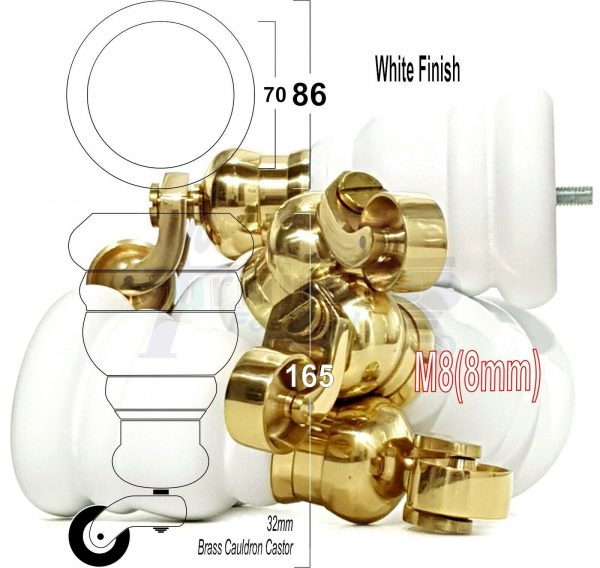 4x WOOD FURNITURE LEGS M8 REPLACEMENT BRASS CAULDRON CASTOR FEET 165mm HIGH - Image 36