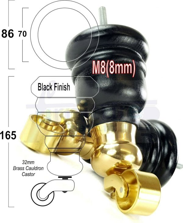 4x WOOD FURNITURE LEGS M8 REPLACEMENT BRASS CAULDRON CASTOR FEET 165mm HIGH - Image 16