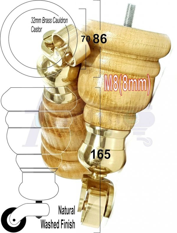 4x WOOD FURNITURE LEGS M8 REPLACEMENT BRASS CAULDRON CASTOR FEET 165mm HIGH - Image 44