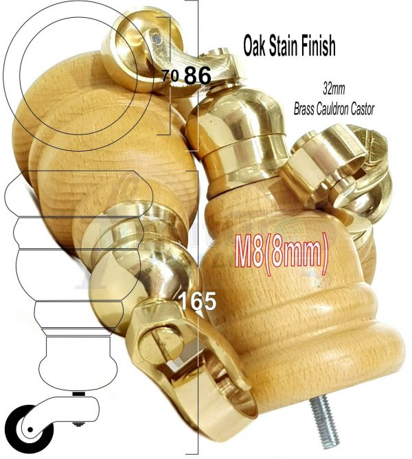 4x WOOD FURNITURE LEGS M8 REPLACEMENT BRASS CAULDRON CASTOR FEET 165mm HIGH - Image 31