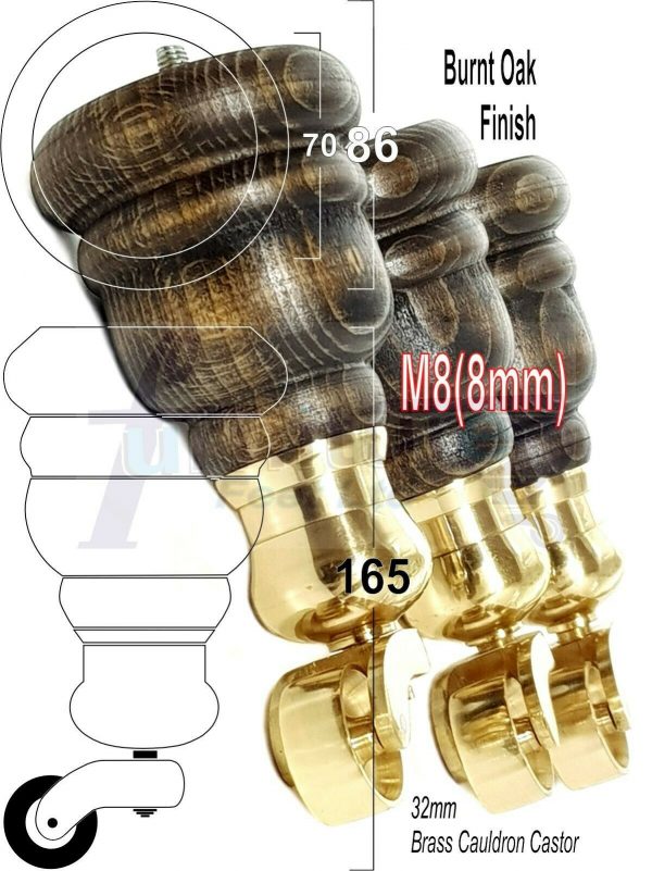 4x WOOD FURNITURE LEGS M8 REPLACEMENT BRASS CAULDRON CASTOR FEET 165mm HIGH - Image 42