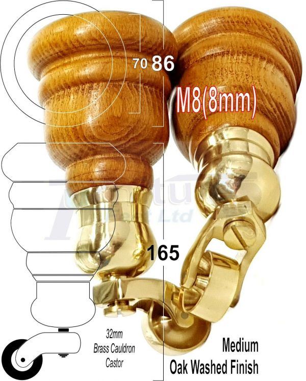 4x WOOD FURNITURE LEGS M8 REPLACEMENT BRASS CAULDRON CASTOR FEET 165mm HIGH - Image 28
