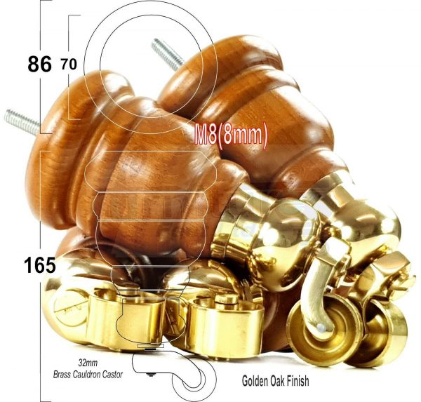 4x WOOD FURNITURE LEGS M8 REPLACEMENT BRASS CAULDRON CASTOR FEET 165mm HIGH - Image 23