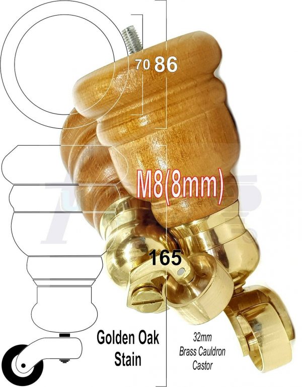 4x WOOD FURNITURE LEGS M8 REPLACEMENT BRASS CAULDRON CASTOR FEET 165mm HIGH - Image 24