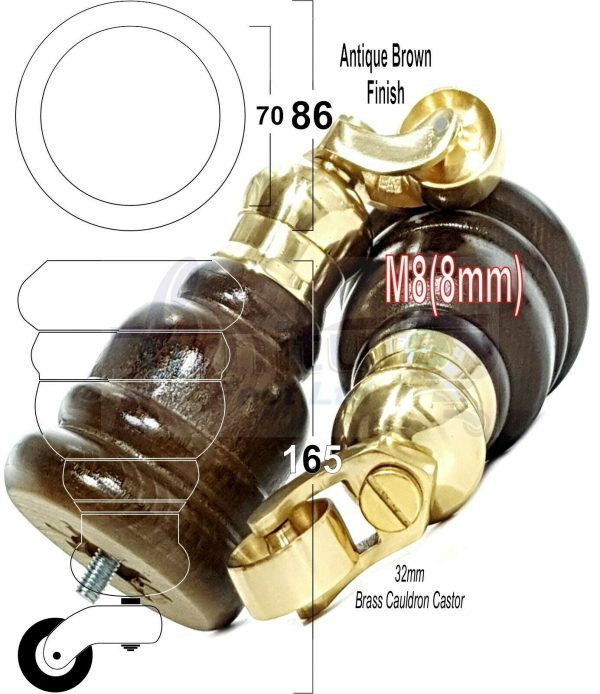 4x WOOD FURNITURE LEGS M8 REPLACEMENT BRASS CAULDRON CASTOR FEET 165mm HIGH - Image 14