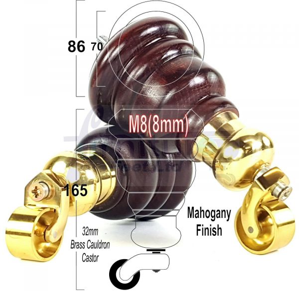 4x WOOD FURNITURE LEGS M8 REPLACEMENT BRASS CAULDRON CASTOR FEET 165mm HIGH - Image 25