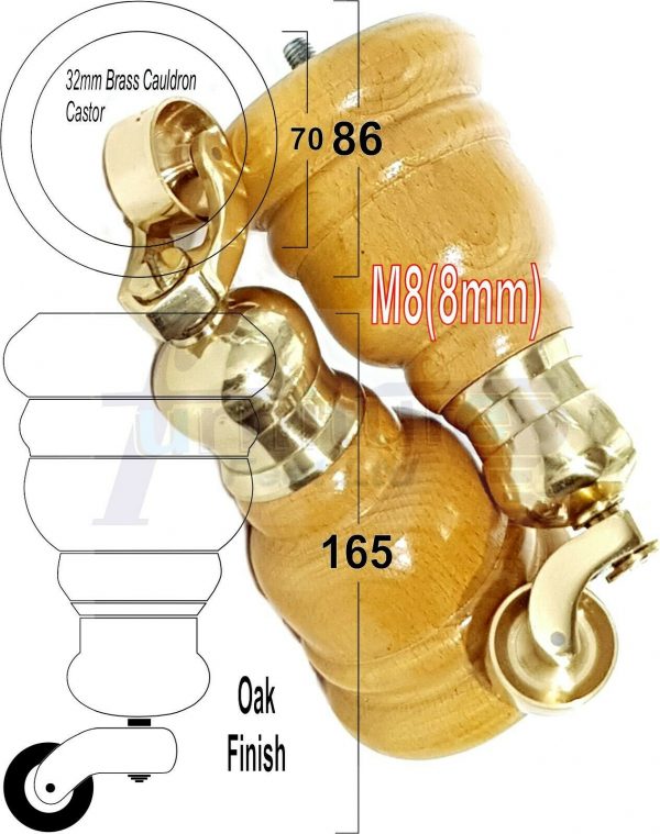 4x WOOD FURNITURE LEGS M8 REPLACEMENT BRASS CAULDRON CASTOR FEET 165mm HIGH - Image 30
