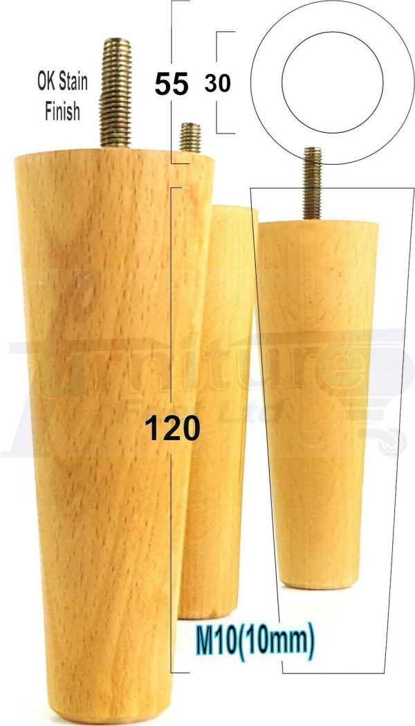 4x WOOD REPLACEMENT FURNITURE CHAIR LEGS M10(10mm) SOFA - SETTEE FEET 120mm HIGH - Image 28