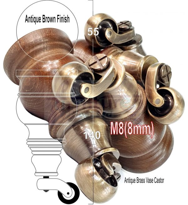4 Turned Wood Castor Legs 150mm High Chair Furniture Feet Antique Brown M8(8mm) - Image 20