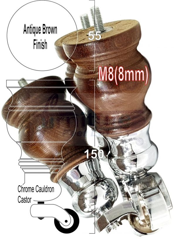 4 Turned Wood Castor Legs 150mm High Chair Furniture Feet Antique Brown M8(8mm) - Image 18