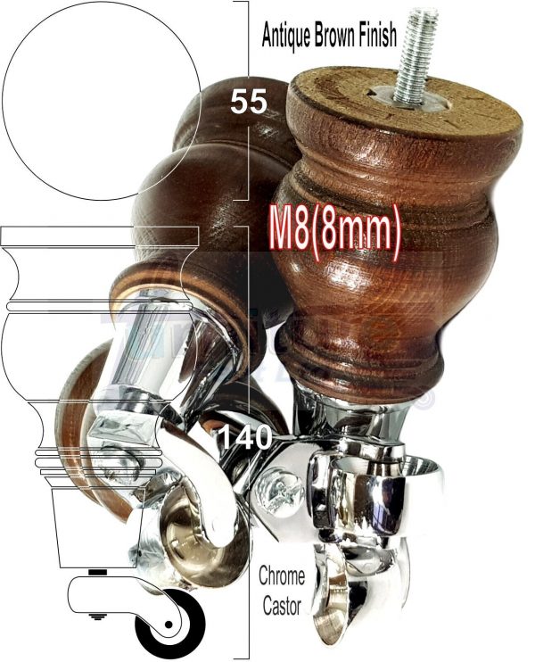 4 Turned Wood Castor Legs 150mm High Chair Furniture Feet Antique Brown M8(8mm) - Image 15