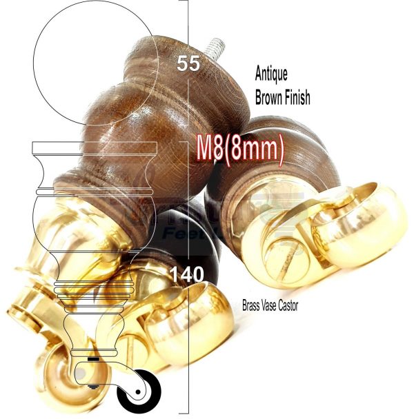4 Turned Wood Castor Legs 150mm High Chair Furniture Feet Antique Brown M8(8mm) - Image 22