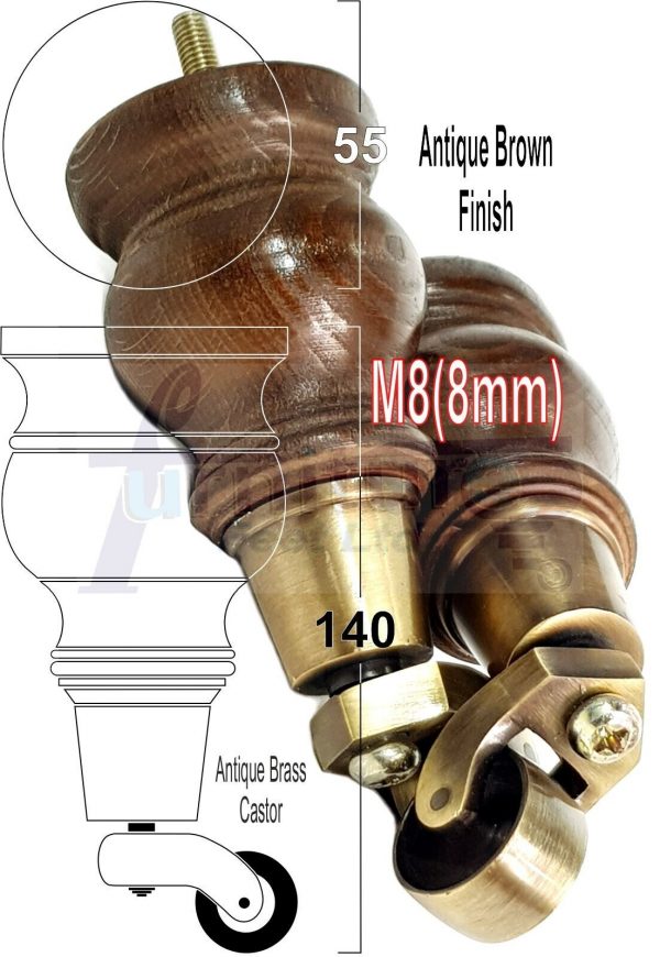 4 Turned Wood Castor Legs 150mm High Chair Furniture Feet Antique Brown M8(8mm) - Image 16