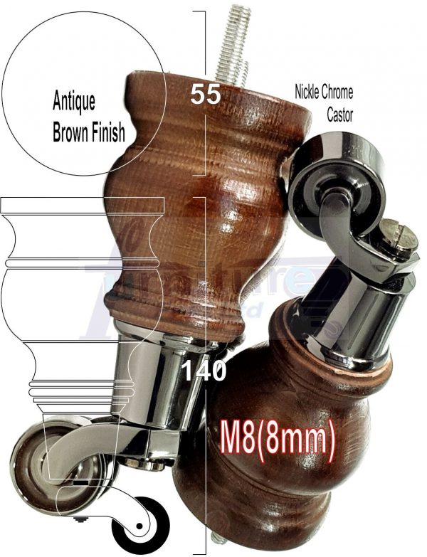 4 Turned Wood Castor Legs 150mm High Chair Furniture Feet Antique Brown M8(8mm) - Image 19