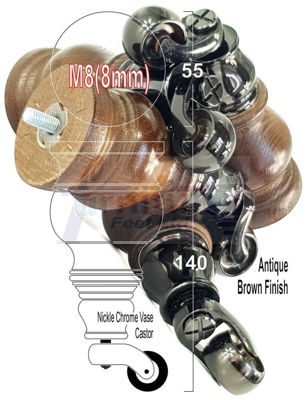 4 Turned Wood Castor Legs 150mm High Chair Furniture Feet Antique Brown M8(8mm) - Image 21