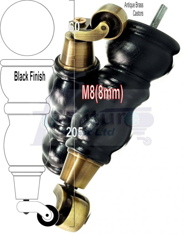 4x Solid Wood Furniture Sofa Legs M8 Replacement Feet With Castors 215mm High - Image 16