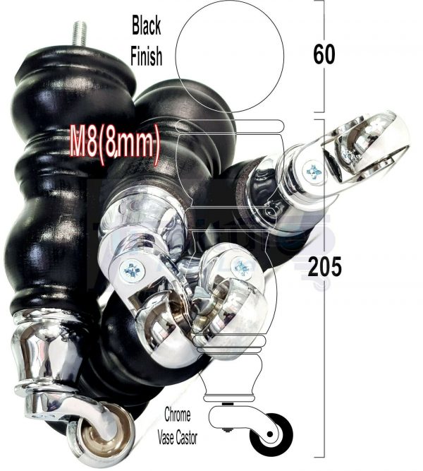 4x Solid Wood Furniture Sofa Legs M8 Replacement Feet With Castors 215mm High - Image 22