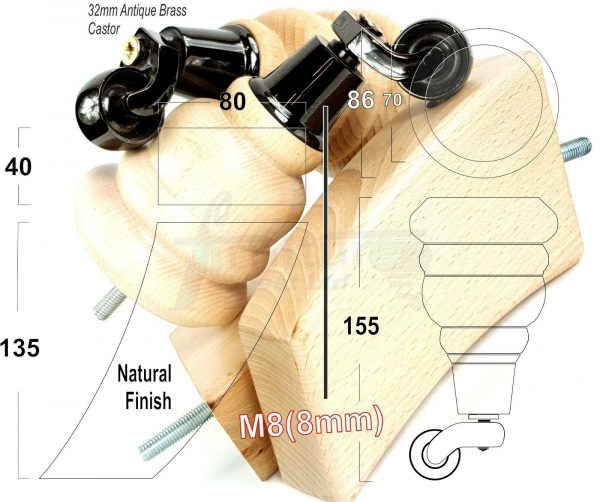 4x WOOD FURNITURE SOFA LEGS M8 REPLACEMENT CHAIR FEET 2 WITH CASTORS 165mm HIGH - Image 16