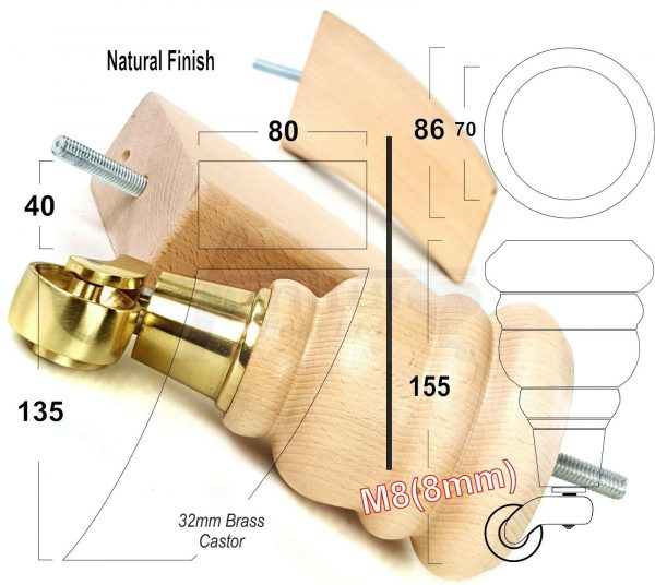 4x WOOD FURNITURE SOFA LEGS M8 REPLACEMENT CHAIR FEET 2 WITH CASTORS 165mm HIGH - Image 13