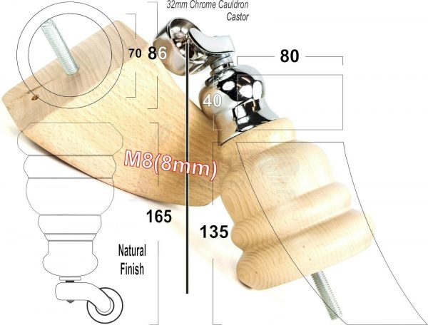 4x WOOD FURNITURE SOFA LEGS M8 REPLACEMENT CHAIR FEET 2 WITH CASTORS 165mm HIGH - Image 18