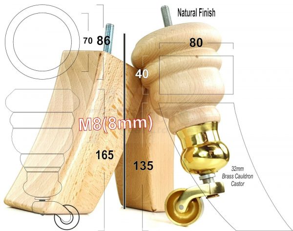 4x WOOD FURNITURE SOFA LEGS M8 REPLACEMENT CHAIR FEET 2 WITH CASTORS 165mm HIGH - Image 17