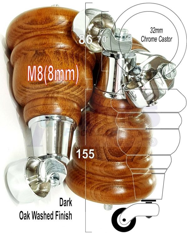 4x WOOD FURNITURE SOFA LEGS M8(8mm) REPLACEMENT CHAIR WITH CASTORS 165mm HIGH - Image 12