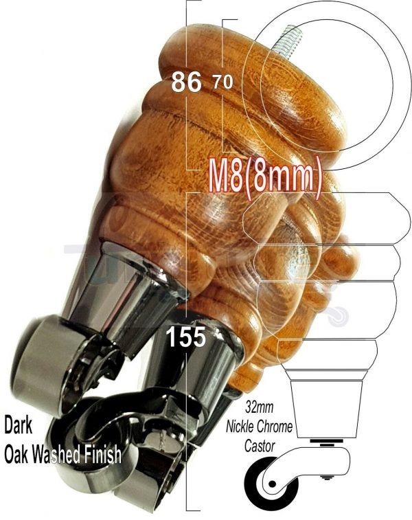 4x WOOD FURNITURE SOFA LEGS M8(8mm) REPLACEMENT CHAIR WITH CASTORS 165mm HIGH - Image 14