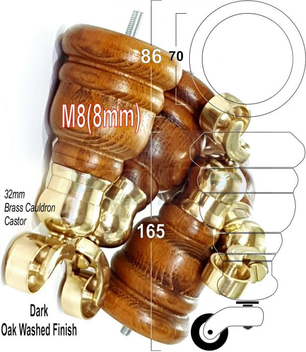 4x WOOD FURNITURE SOFA LEGS M8(8mm) REPLACEMENT CHAIR WITH CASTORS 165mm HIGH - Image 15