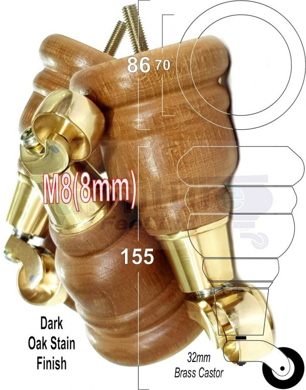 4x WOOD FURNITURE SOFA LEGS M8(8mm) REPLACEMENT CHAIR WITH CASTORS 165mm HIGH - Image 11