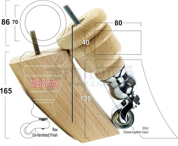 RAW WOODEN FURNITURE SETTEE LEGS M8 REPLACEMENT FEET 2 WITH CASTORS 165mm HIGH - Image 19