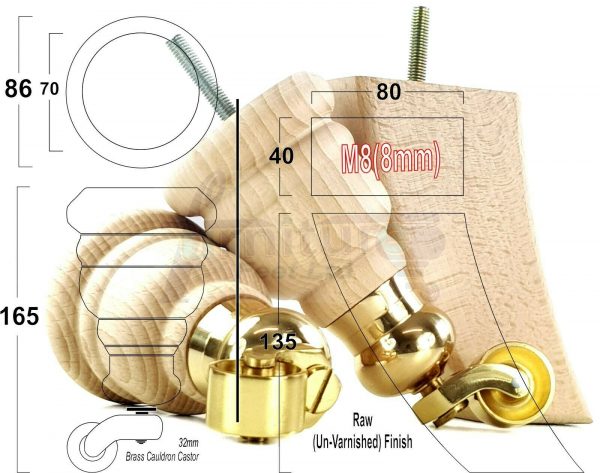 RAW WOODEN FURNITURE SETTEE LEGS M8 REPLACEMENT FEET 2 WITH CASTORS 165mm HIGH - Image 18