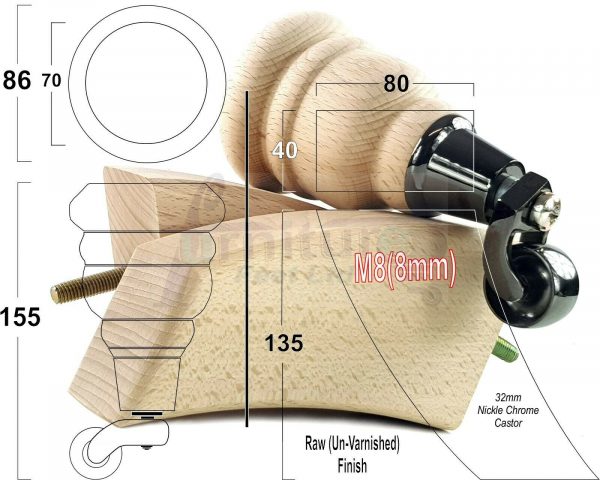 RAW WOODEN FURNITURE SETTEE LEGS M8 REPLACEMENT FEET 2 WITH CASTORS 165mm HIGH - Image 17