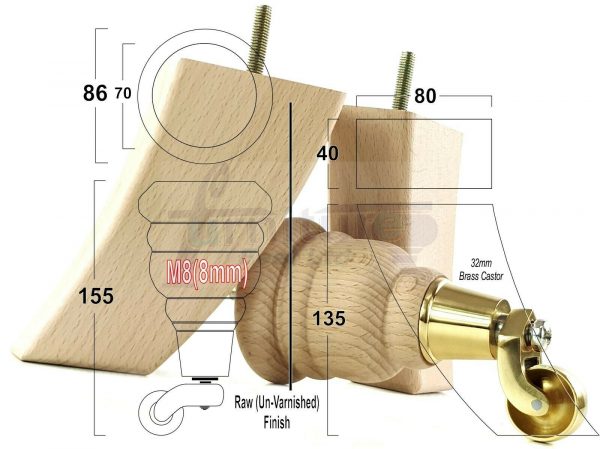 RAW WOODEN FURNITURE SETTEE LEGS M8 REPLACEMENT FEET 2 WITH CASTORS 165mm HIGH - Image 14