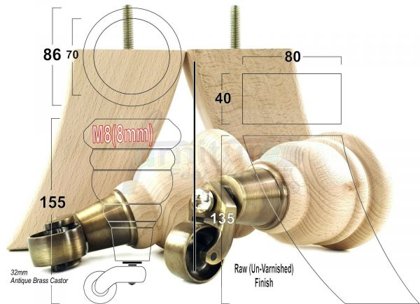 RAW WOODEN FURNITURE SETTEE LEGS M8 REPLACEMENT FEET 2 WITH CASTORS 165mm HIGH - Image 16