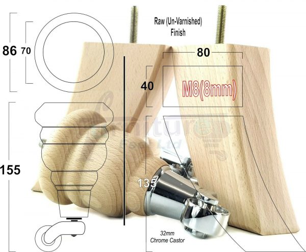 RAW WOODEN FURNITURE SETTEE LEGS M8 REPLACEMENT FEET 2 WITH CASTORS 165mm HIGH - Image 15