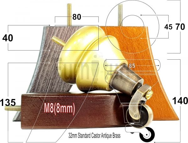 2x Wood Furniture Castor Legs & 2x Curved M8 Replacement Feet Chairs Sofa 140mm
