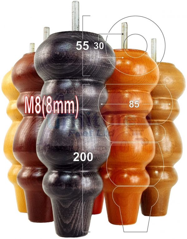 4 Replacement Turned Wooden Furniture Sofa Legs M8 Chair Settee Feet 200mm High - Image 6
