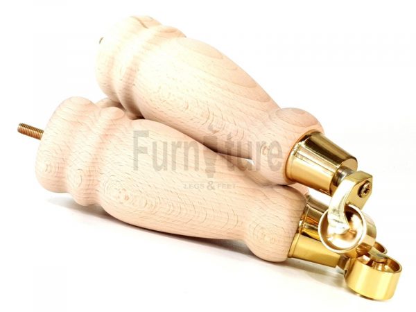 4 Turned Wooden Furniture Leg & Brass Castor Wheel Bun Feet Raw M8 250mm High - Image 11