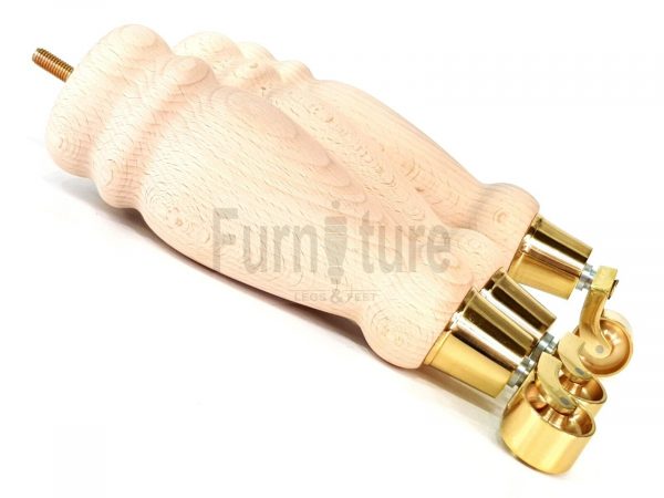 4 Turned Wooden Furniture Leg & Brass Castor Wheel Bun Feet Raw M8 250mm High - Image 12