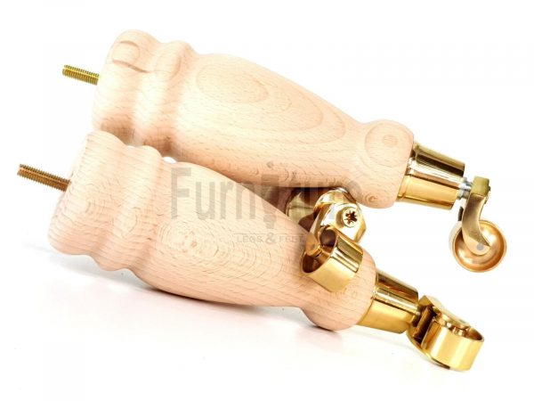 4 Turned Wooden Furniture Leg & Brass Castor Wheel Bun Feet Raw M8 250mm High - Image 13