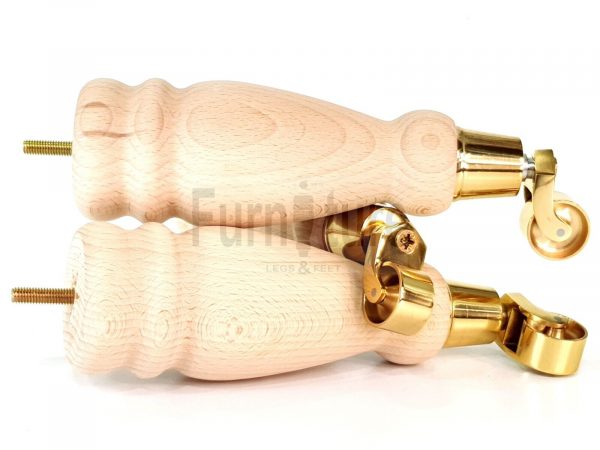 4 Turned Wooden Furniture Leg & Brass Castor Wheel Bun Feet Raw M8 250mm High - Image 14
