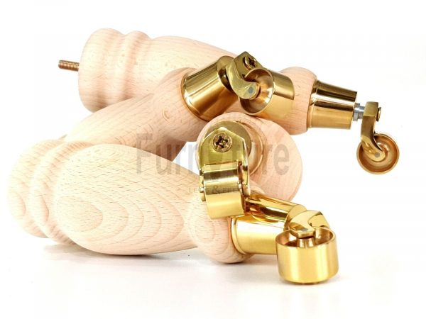 4 Turned Wooden Furniture Leg & Brass Castor Wheel Bun Feet Raw M8 250mm High - Image 4