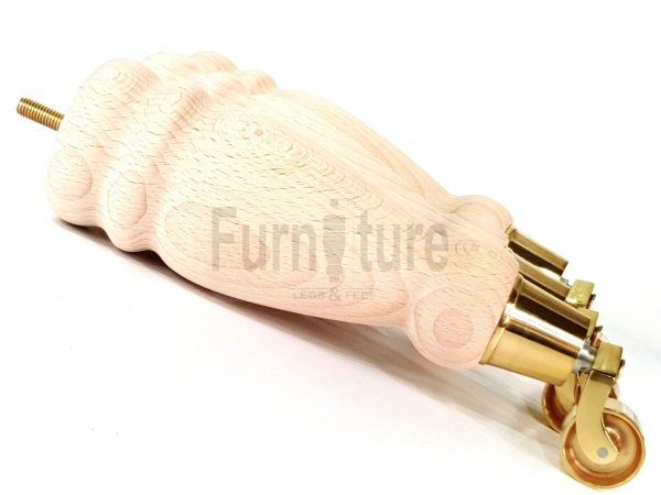 4 Turned Wooden Furniture Leg & Brass Castor Wheel Bun Feet Raw M8 250mm High - Image 6