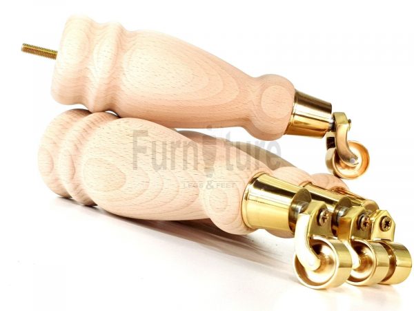 4 Turned Wooden Furniture Leg & Brass Castor Wheel Bun Feet Raw M8 250mm High - Image 7