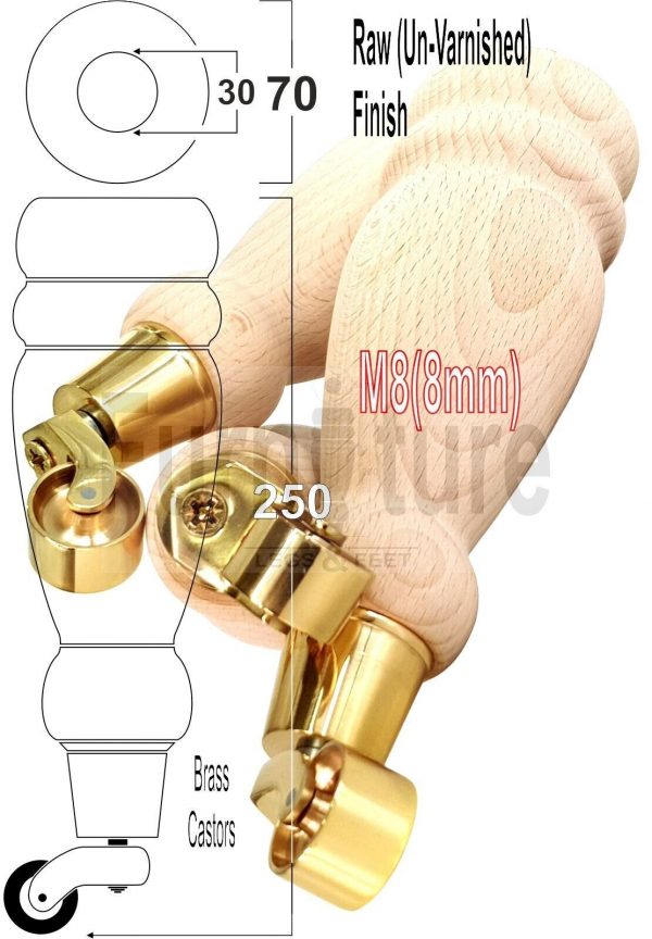 4 Turned Wooden Furniture Leg & Brass Castor Wheel Bun Feet Raw M8 250mm High