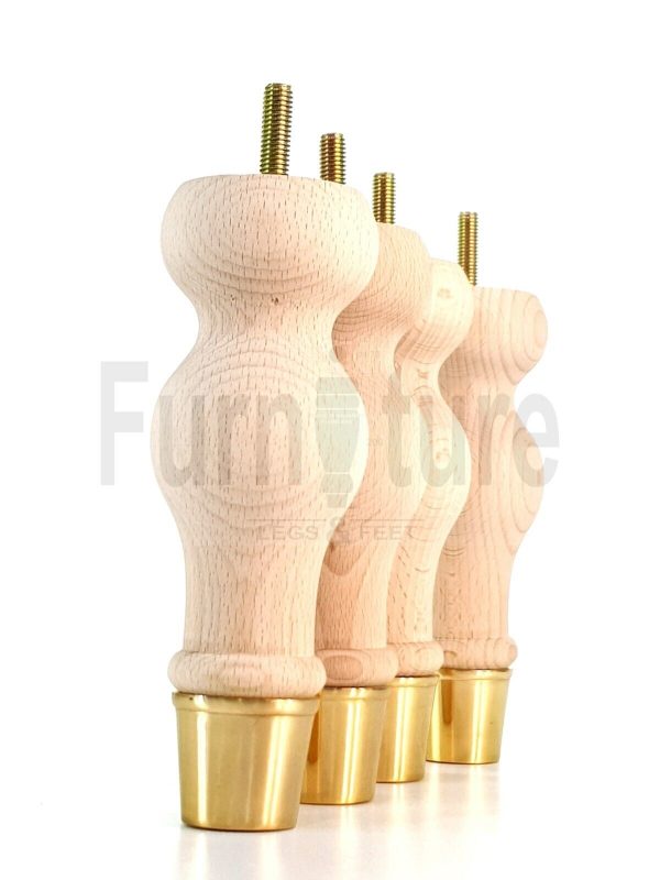 4 Turned Wooden Furniture Leg Brass Slipper Cup Raw Wood Bun Feet M8 160mm High - Image 11